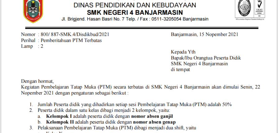 Edaran Pembelajaran Tatap Muka SMKN 4 Banjarmasin Sekolah Pariwisata 